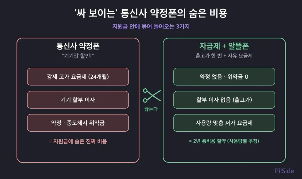 통신사 약정폰의 지원금에 숨은 강제 고가요금제·할부 이자·약정 위약금 세 가지 비용을 자급제폰과 알뜰폰 조합이 끊어내는 구조도